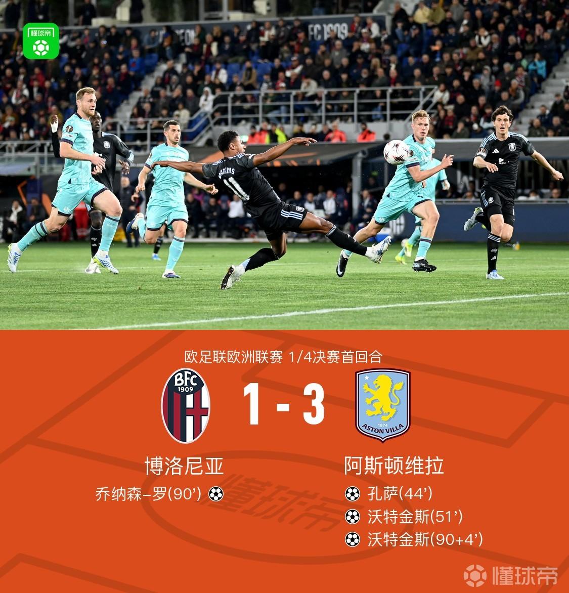 維拉3-1博洛尼亞，孔薩破僵，沃特金斯雙響